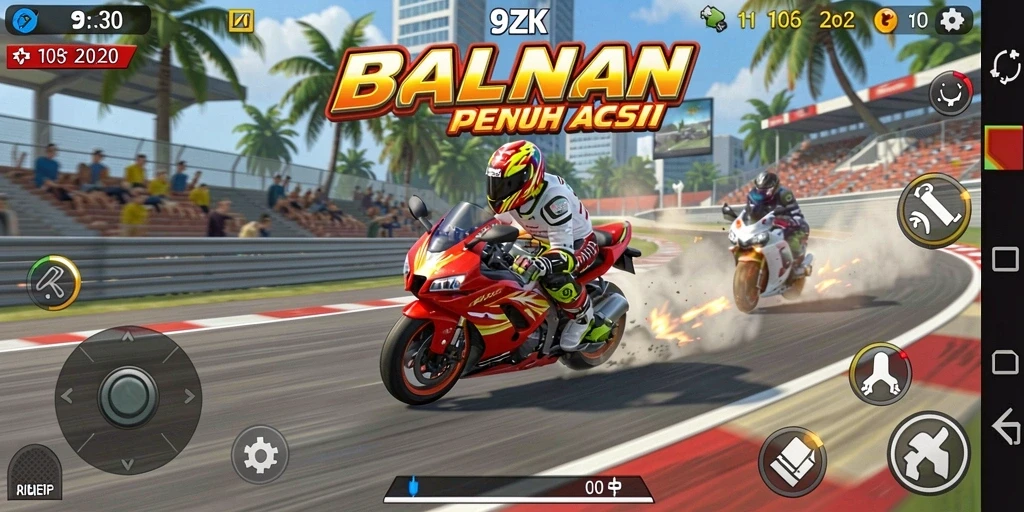 Tampilan gameplay seru dalam 9ZK dengan adrenalin balapan motor.