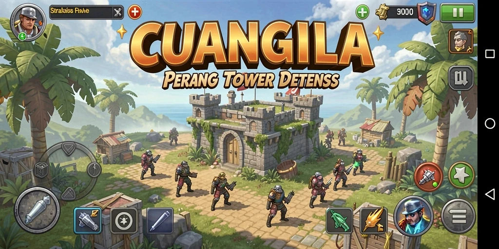 Tampilan gameplay seru dalam CUANGILA memperlihatkan tower bertahan melawan musuh.