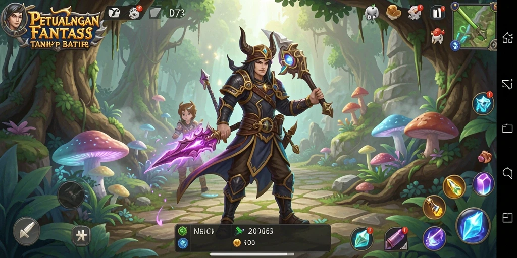 Screenshot D73 menampilkan pertarungan epik dalam dunia fantasi.