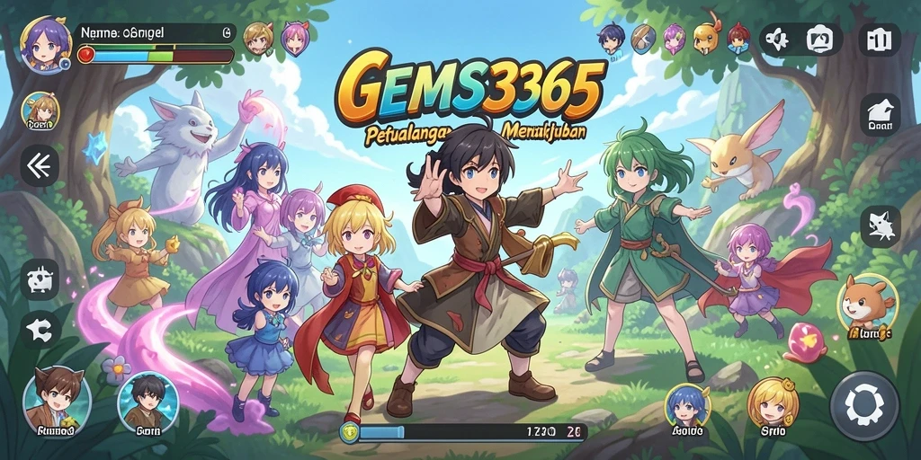 Screenshot utama GEMS365 menampilkan aksi epik dengan karakter anime.
