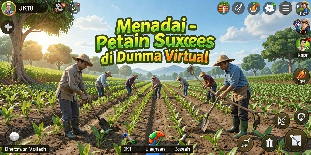 Tampilan gameplay menakjubkan dari JKT8, menampilkan ladang yang subur dan hewan peliharaan.