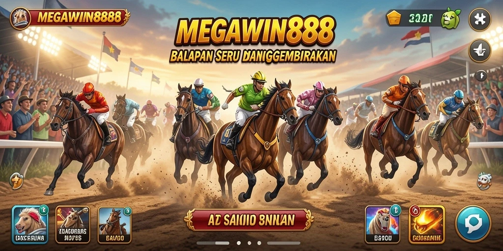 Screenshot utama MEGAWIN888 menunjukkan aksi balapan yang mendebarkan.