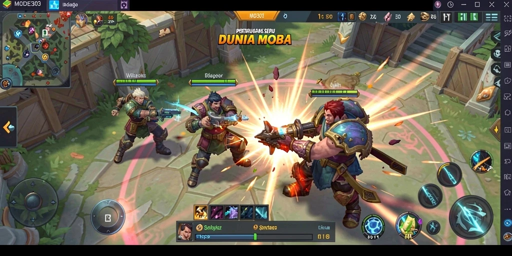 Tangkapan layar menampilkan pertarungan taktis dalam game MOBA dengan grafis fantastis.