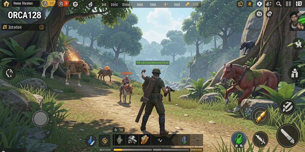 Tampilan gameplay ORCA128 yang penuh warna dan dinamis.