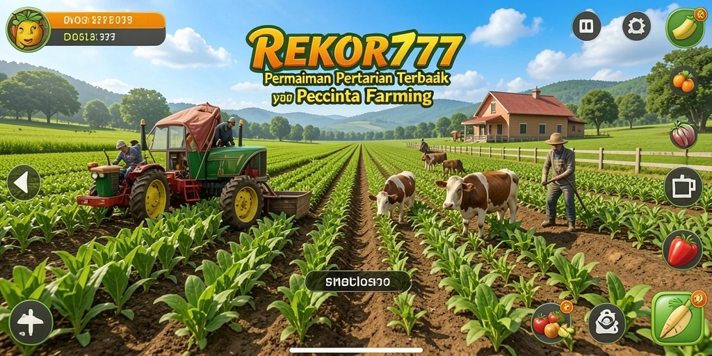 Tangkapan layar permainan REKOR777 menampilkan aktivitas bertani dan panen.