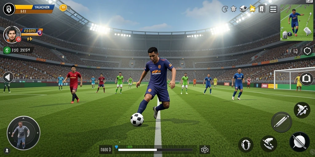 Screenshot gameplay YAGAOHEN menampilkan aksi seru di lapangan sepak bola.